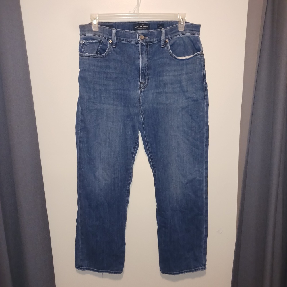 Lucky Brand Mens 34x30 Medium Wash Straight Leg Denim Jeans Blue Distressed